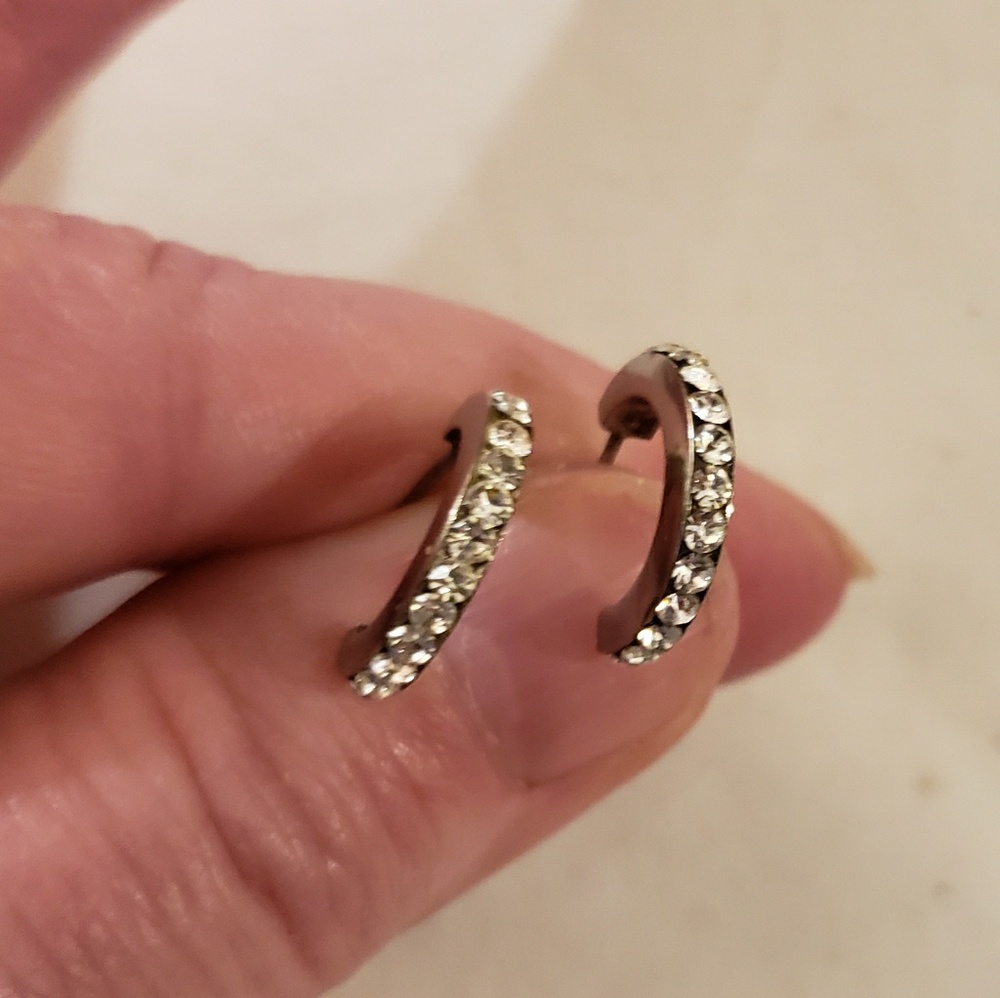 Vintage Silver Tone CZ Half Hoop 1/2" Earrings